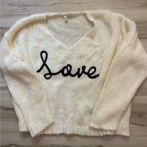 Elan Cream V-Neck Knit Sweater with Black 'Love' Script